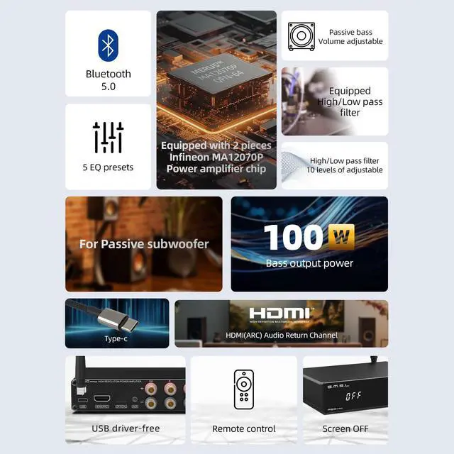 Alt view image 4 of 7 - A50Pro,LPF&HPF,2.1 Channel Audio Amplifier,100W Bass Output Power, HiFi Bluetooth 5.0 Stereo Audio Amplifier,Supports HDMI (ARC),Passive Subwoofer,MA12070P*2 Chip