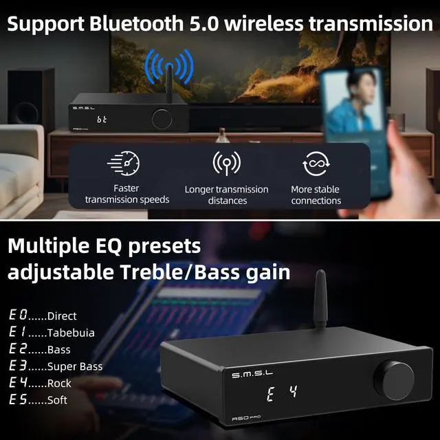 Alt view image 5 of 7 - A50Pro,LPF&HPF,2.1 Channel Audio Amplifier,100W Bass Output Power, HiFi Bluetooth 5.0 Stereo Audio Amplifier,Supports HDMI (ARC),Passive Subwoofer,MA12070P*2 Chip