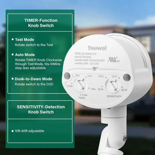Alt view image 3 of 7 - 2 Pack Motion Sensor, 180-Degree Replacement Motion Detector, Adjustable Time & Detection Sensitiity Up to 60 Feet Range, 3 Working Modes Pir Motion Sensor for Security Floodlight, White, UL Listed