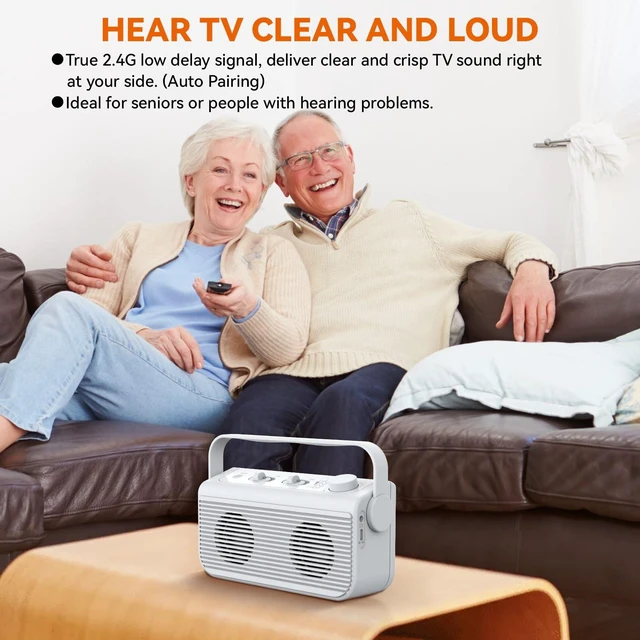Alt view image 2 of 7 - Wireless Speakers for TV, 2.4G Wireless TV Speaker with SOS Switch, Clarifying Dialog Potable TV Speakers for Hard of Hearing and Elderly, Compatible with Optical RCA AUX TVs, 100FT Range