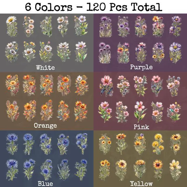 Alt view image 2 of 7 - 120 Pieces Watercolor Flower Stickers Set - Big 4.7" Waterproof Clear Botanical Floral Journaling Sticker for Scrapbook Junk Journal Supplies Bullet Journals Planner Collage Laptop Paper Crafts