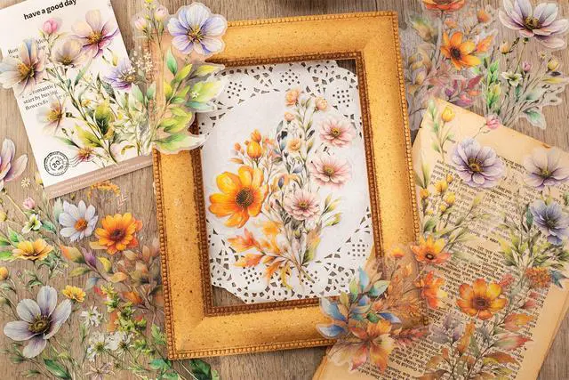 Alt view image 3 of 7 - 120 Pieces Watercolor Flower Stickers Set - Big 4.7" Waterproof Clear Botanical Floral Journaling Sticker for Scrapbook Junk Journal Supplies Bullet Journals Planner Collage Laptop Paper Crafts