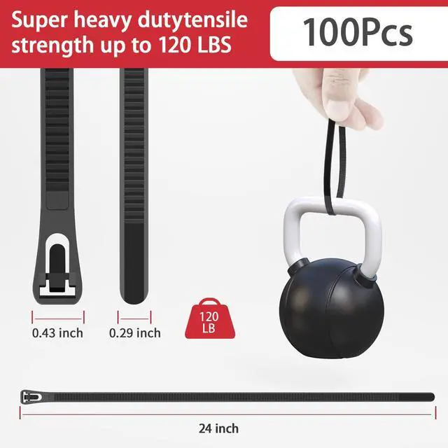 Alt view image 2 of 6 - 24 Inch Black Resuable Long Zip Ties Heavy Duty 100 Pcs 120 LBS | Releasable cable ties, Extra Long Zip Ties, Adjustable Tie wrap, Removable Wire Ties, UV Resistant for Indoor and Outdoor Use