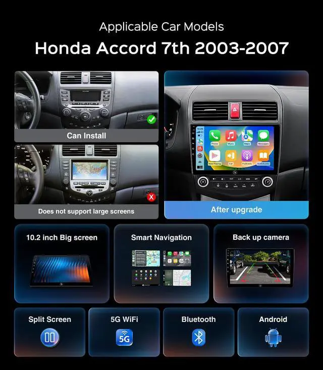Alt view image 2 of 7 - 10.2'' Car Radio Stereo for Honda Accord 7th 2003 2004 2005 2006 2007 2+64G IPS HD Touch Screen/Wireless CarPlay/Android Auto/GPS FM/SWC Bluetooth/1080P Backup Camera (10.2 inch)