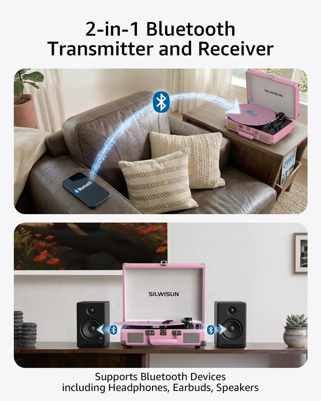 Alt view image 2 of 7 - Vinyl Record Player with Speakers Vintage Bluetooth in/Out Turntable-Pink Battery Powered 3-Speed Vinyl Player, Retro Suitcase Phonograph, Portable Lp Player RCA Out AUX in Headphone Jack