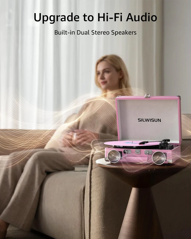 Alt view image 3 of 7 - Vinyl Record Player with Speakers Vintage Bluetooth in/Out Turntable-Pink Battery Powered 3-Speed Vinyl Player, Retro Suitcase Phonograph, Portable Lp Player RCA Out AUX in Headphone Jack
