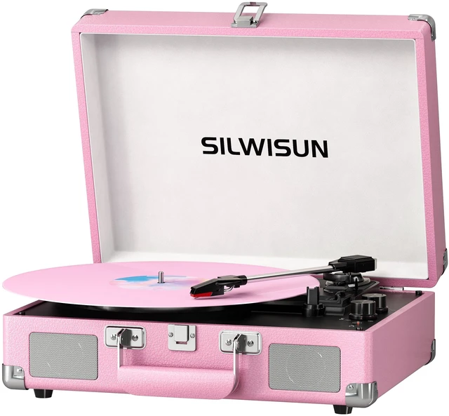 Main image of Vinyl Record Player with Speakers Vintage Bluetooth in/Out Turntable-Pink Battery Powered 3-Speed Vinyl Player, Retro Suitcase Phonograph, Portable Lp Player RCA Out AUX in Headphone Jack