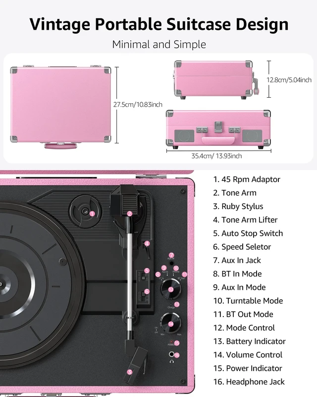 Alt view image 5 of 7 - Vinyl Record Player with Speakers Vintage Bluetooth in/Out Turntable-Pink Battery Powered 3-Speed Vinyl Player, Retro Suitcase Phonograph, Portable Lp Player RCA Out AUX in Headphone Jack