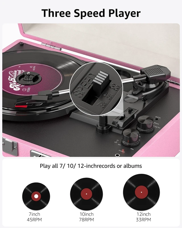 Alt view image 6 of 7 - Vinyl Record Player with Speakers Vintage Bluetooth in/Out Turntable-Pink Battery Powered 3-Speed Vinyl Player, Retro Suitcase Phonograph, Portable Lp Player RCA Out AUX in Headphone Jack