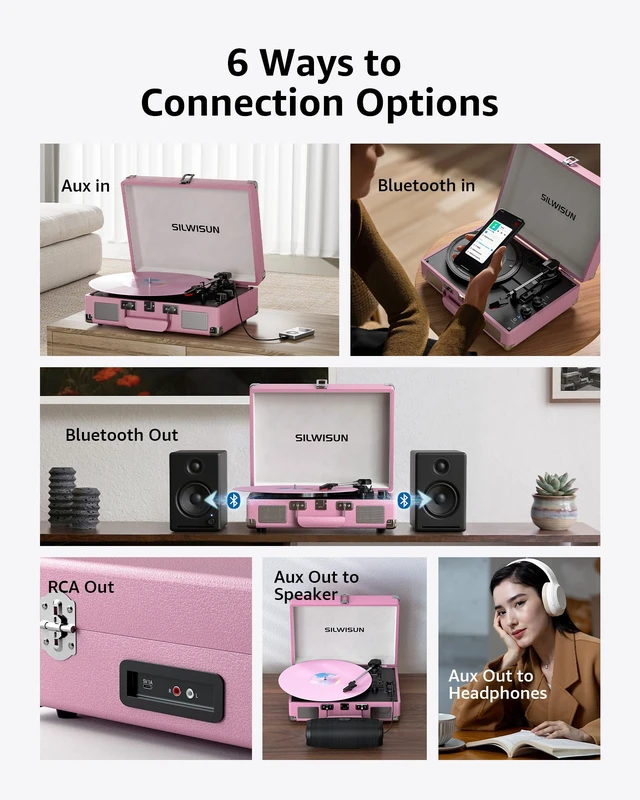 Alt view image 7 of 7 - Vinyl Record Player with Speakers Vintage Bluetooth in/Out Turntable-Pink Battery Powered 3-Speed Vinyl Player, Retro Suitcase Phonograph, Portable Lp Player RCA Out AUX in Headphone Jack