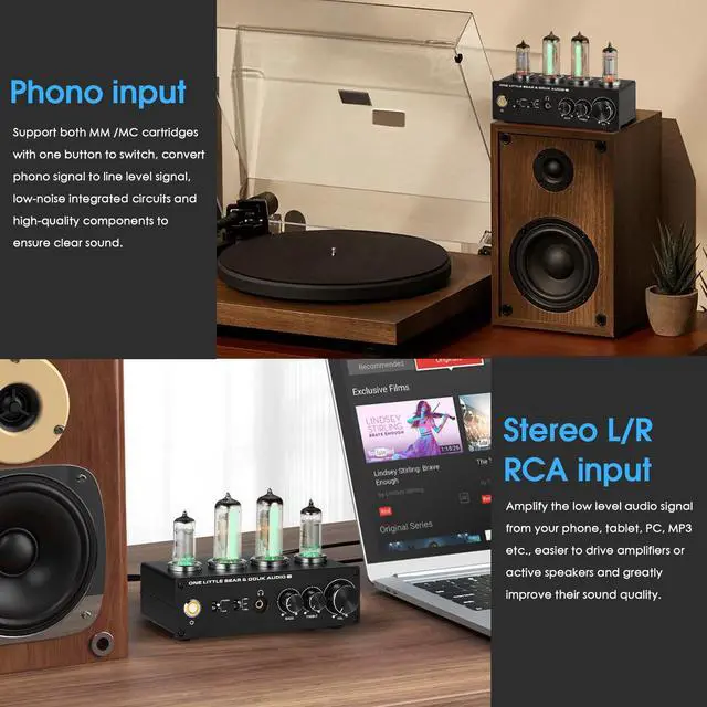 Alt view image 3 of 7 - T9 Vacuum Tube Phono Preamp Stereo Turntable Preamplifier with Headphone Output and Treble Bass Control for MM/MC Record Player, Home Hi-Fi Audio, Amplifier, Speaker