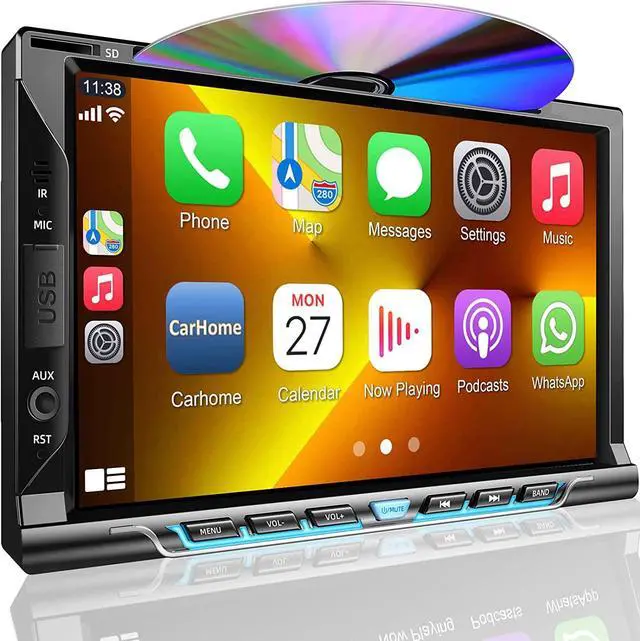 Main image of Double Din Car Stereo with CD/DVD Player, Apple CarPlay/Android Auto 7 Double din Radio with Backup Camera, Mirror Link, Bluetooth, AM FM Radio Receiver, SWC, Subwoofer, USB/TF/AUX