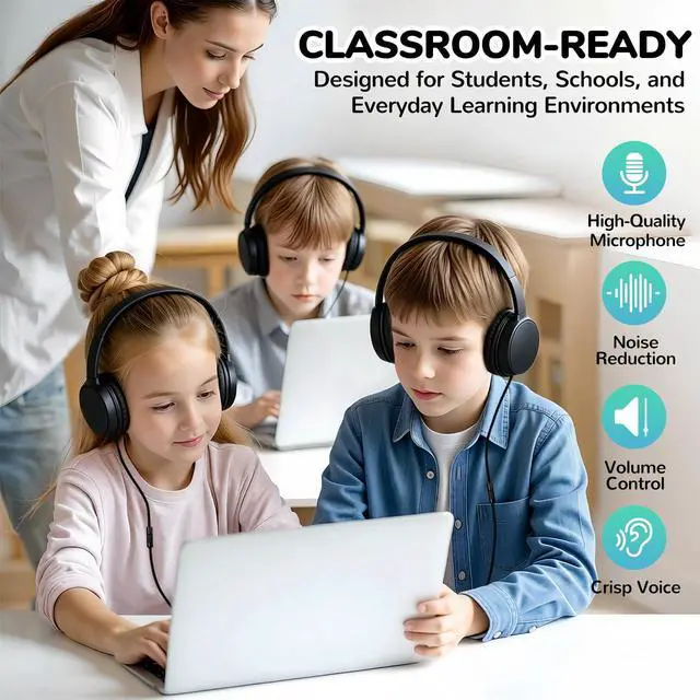 Alt view image 7 of 7 - 2 Pack Kids Headphones with Microphone for Classroom School, Durable Wired On-Ear Headset Class Set for Students Tablet Laptop PC & Boys Girls (HY30, 2Black)
