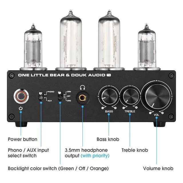 Alt view image 6 of 7 - T9 Vacuum Tube Phono Preamp Stereo Turntable Preamplifier with Headphone Output and Treble Bass Control for MM/MC Record Player, Home Hi-Fi Audio, Amplifier, Speaker