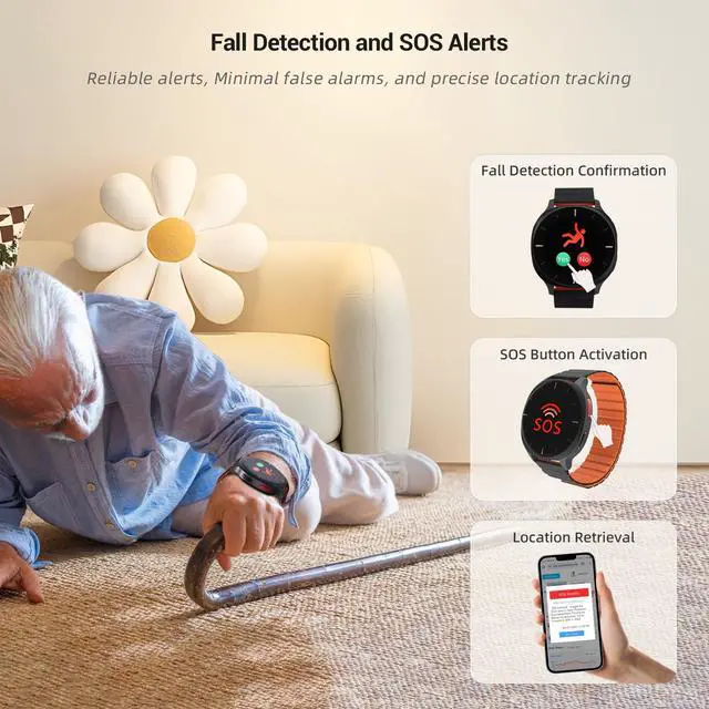 Alt view image 2 of 6 - Audar E2 Senior Smartwatch with Fall Detection & SOS, Vital Sign Monitoring | 24/7 Heart Rate, BP, SpO & Temp Monitoring, AI Wellbeing Reports, Health History, Cloud Dashboard, No Phone/App Needed