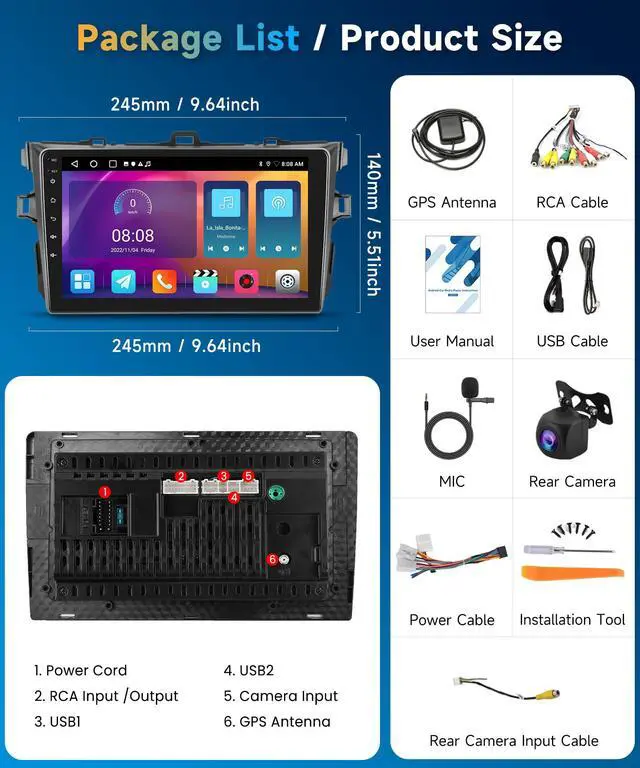 Alt view image 6 of 7 - 2G+64G Car Stereo for Toyota Corolla 2009 2010 2011 2012 2013 | Android15 Car Radio with Wireless Carplay/Android Auto 9" TouchScreen GPS 5G WiFi Bluetooth FM/RDS 28UI SWC Backup Camera Mic