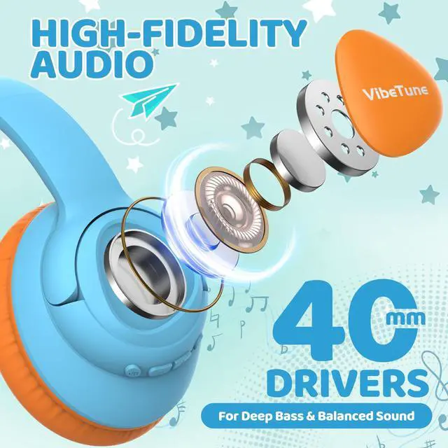 Alt view image 3 of 7 - Kids Bluetooth Headphones, 60H Playtime, Volume Limited 85/94dB, Bluetooth 5.4, Type-C Fast Charging, Foldable Wireless Headphones for Kids, Toddler Headsets with HD Mic-Blue