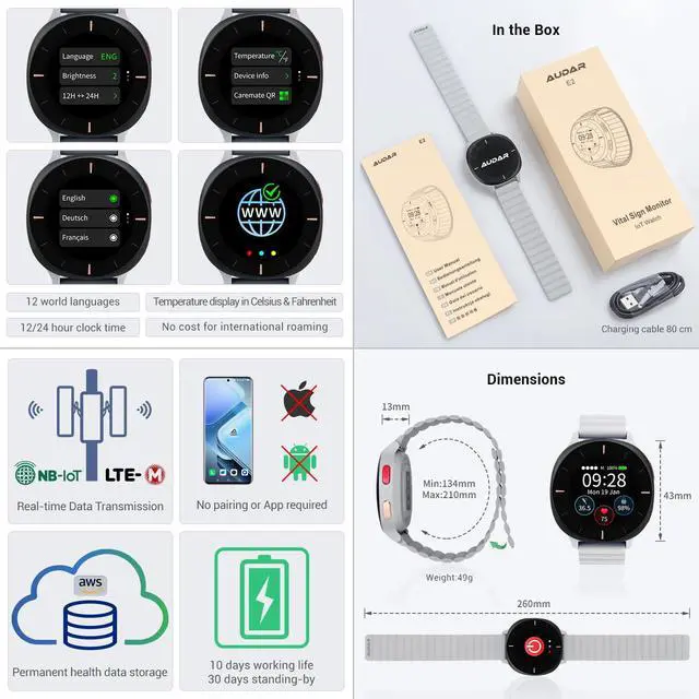 Alt view image 6 of 6 - Audar E2 Senior Smartwatch with Fall Detection & SOS, Vital Sign Monitoring | 24/7 Heart Rate, BP, SpO & Temp Monitoring, AI Wellbeing Reports, Health History, Cloud Dashboard, No Phone/App Needed