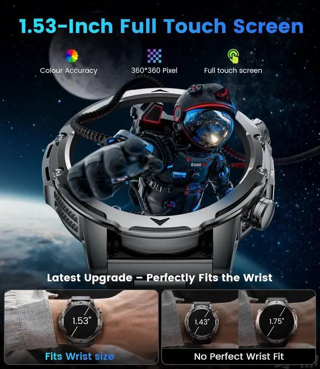 Alt view image 2 of 7 - 2026 Smart Watches for Men with 1000 mAh, 1.53" HD Display Military Smart watch, LED Torch, Answer/Make Calls, 120+Sports Modes, Heart Rate, Sleep Monitor, SpO2, IP68 Waterproof, iOS Android(3 Straps)