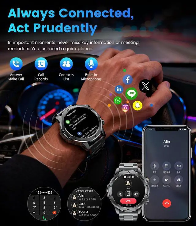 Alt view image 5 of 7 - 2026 Smart Watches for Men with 1000 mAh, 1.53" HD Display Military Smart watch, LED Torch, Answer/Make Calls, 120+Sports Modes, Heart Rate, Sleep Monitor, SpO2, IP68 Waterproof, iOS Android(3 Straps)