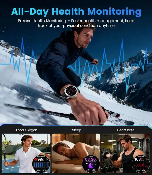 Alt view image 6 of 7 - 2026 Smart Watches for Men with 1000 mAh, 1.53" HD Display Military Smart watch, LED Torch, Answer/Make Calls, 120+Sports Modes, Heart Rate, Sleep Monitor, SpO2, IP68 Waterproof, iOS Android(3 Straps)