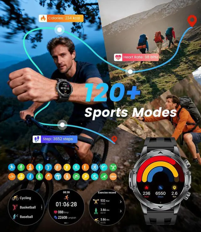 Alt view image 7 of 7 - 2026 Smart Watches for Men with 1000 mAh, 1.53" HD Display Military Smart watch, LED Torch, Answer/Make Calls, 120+Sports Modes, Heart Rate, Sleep Monitor, SpO2, IP68 Waterproof, iOS Android(3 Straps)