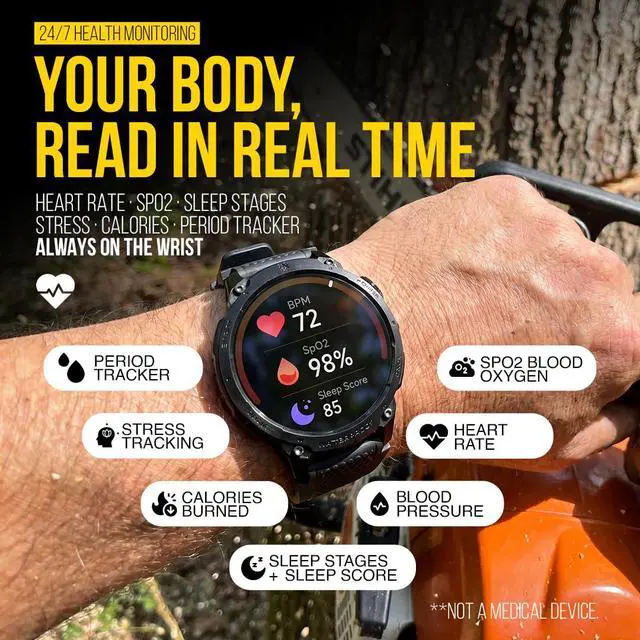 Alt view image 4 of 7 - Bravo XL 2 Smartwatch for Men, Big Face Tactical Smart Watch, 720mAh 21-Day Battery, AMOLED Display, Built-in Flashlight, Bluetooth Calling, IP68 Water Resistant, for Android iPhone