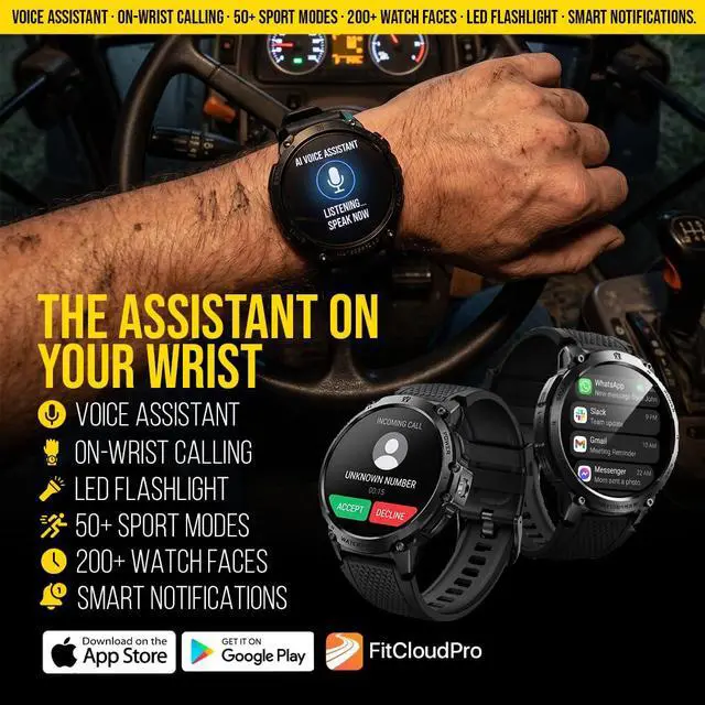 Alt view image 5 of 7 - Bravo XL 2 Smartwatch for Men, Big Face Tactical Smart Watch, 720mAh 21-Day Battery, AMOLED Display, Built-in Flashlight, Bluetooth Calling, IP68 Water Resistant, for Android iPhone