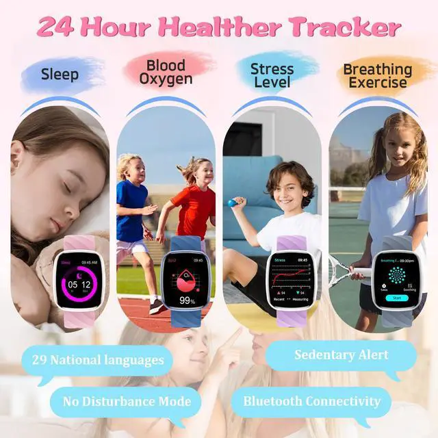 Alt view image 2 of 7 - Smart Watch for Kids Fitness Activity Tracker for Boys Girls, Waterproof, Puzzle Games, Alarm Music, Sport Mode, Heart Rate, Sleep, Pedometer, Children Smartwatch Birthday Gift (Pink)