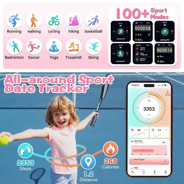 Alt view image 4 of 7 - Smart Watch for Kids Fitness Activity Tracker for Boys Girls, Waterproof, Puzzle Games, Alarm Music, Sport Mode, Heart Rate, Sleep, Pedometer, Children Smartwatch Birthday Gift (Pink)