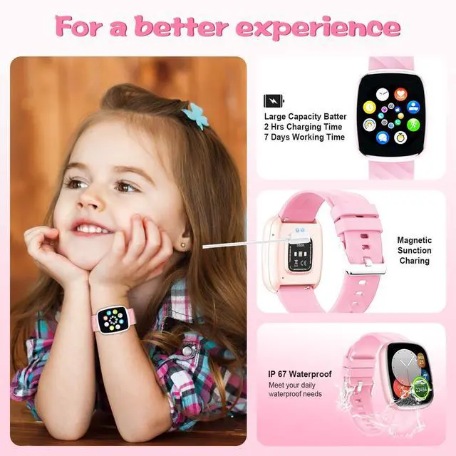 Alt view image 5 of 7 - Smart Watch for Kids Fitness Activity Tracker for Boys Girls, Waterproof, Puzzle Games, Alarm Music, Sport Mode, Heart Rate, Sleep, Pedometer, Children Smartwatch Birthday Gift (Pink)
