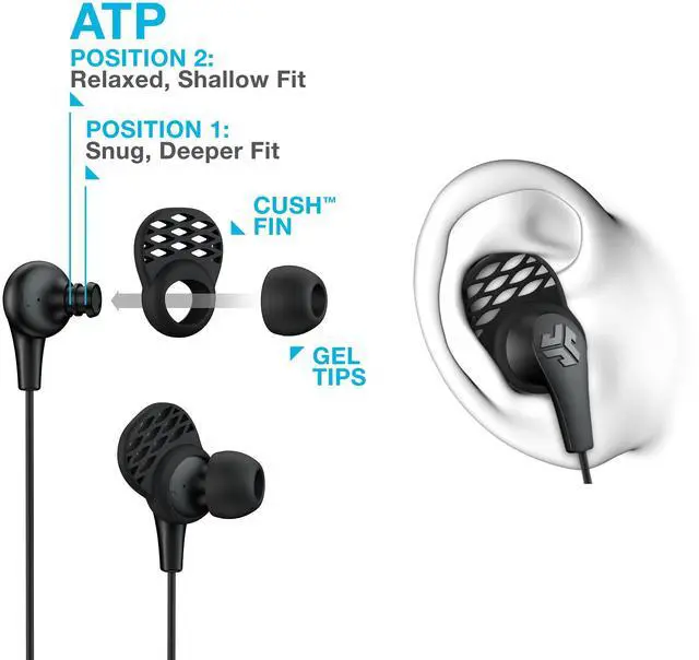 Alt view image 6 of 7 - JBuds Pro Signature Earbuds, Titanium 10mm Drivers, Music Controls, Universal Mic, Custom Fit with Cush Fins, Blue Sky