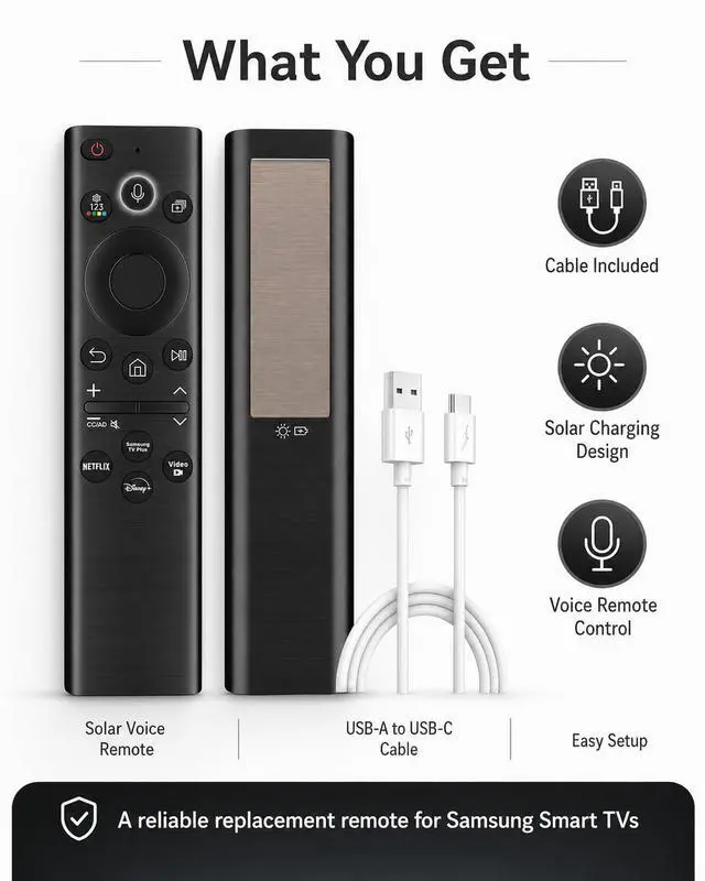 Alt view image 7 of 7 - BN59-01385A Solar Voice Remote Control Replacement for Samsung Smart TVs 2020-2025, Compatible with Frame Crystal UHD QLED Neo LED 4K TVs, Bluetooth USB-C Rechargeable, USB-C Included