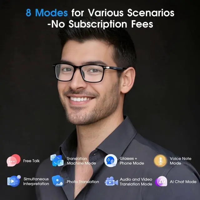 Alt view image 4 of 7 - 2026 Al Smart Glasses, Bluetooth Translation Glasses with 164 Languages | Color-Change Lens, Music & Call, IP65 Waterproof, Free App, Fashion Audio Glasses for Meeting Driving Travelling,Thin Temples