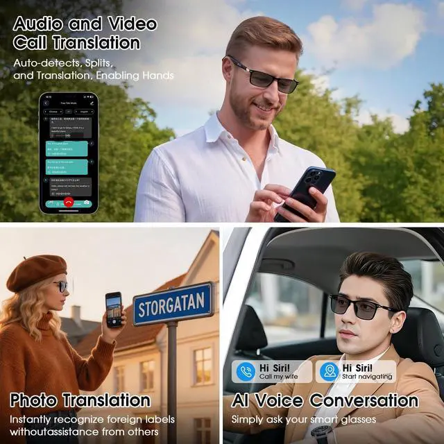 Alt view image 6 of 7 - 2026 Al Smart Glasses, Bluetooth Translation Glasses with 164 Languages | Color-Change Lens, Music & Call, IP65 Waterproof, Free App, Fashion Audio Glasses for Meeting Driving Travelling,Thin Temples
