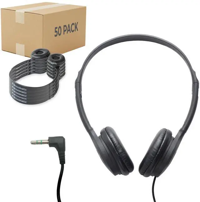 Main image of SN313 Bulk Classroom Headphones 50 Pack Wired On-Ear Stereo Headphones for Students K-12, Leatherette Earpads, 3.5mm Jack, Compatible with Chromebook, Laptop, Computer School Pack
