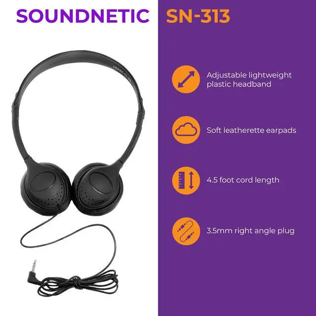 Alt view image 2 of 6 - SN313 Bulk Classroom Headphones 50 Pack Wired On-Ear Stereo Headphones for Students K-12, Leatherette Earpads, 3.5mm Jack, Compatible with Chromebook, Laptop, Computer School Pack