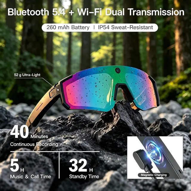 Alt view image 2 of 7 - AI Smart Glasses, Voice Control Sports Sunglasses, EIS Anti-Shake, IP54 Waterproof, Real-Time Translation, Open Ear Audio Cycling Glasses for Outdoor Hiking Surfing Running