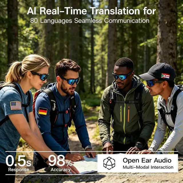Alt view image 4 of 7 - AI Smart Glasses, Voice Control Sports Sunglasses, EIS Anti-Shake, IP54 Waterproof, Real-Time Translation, Open Ear Audio Cycling Glasses for Outdoor Hiking Surfing Running