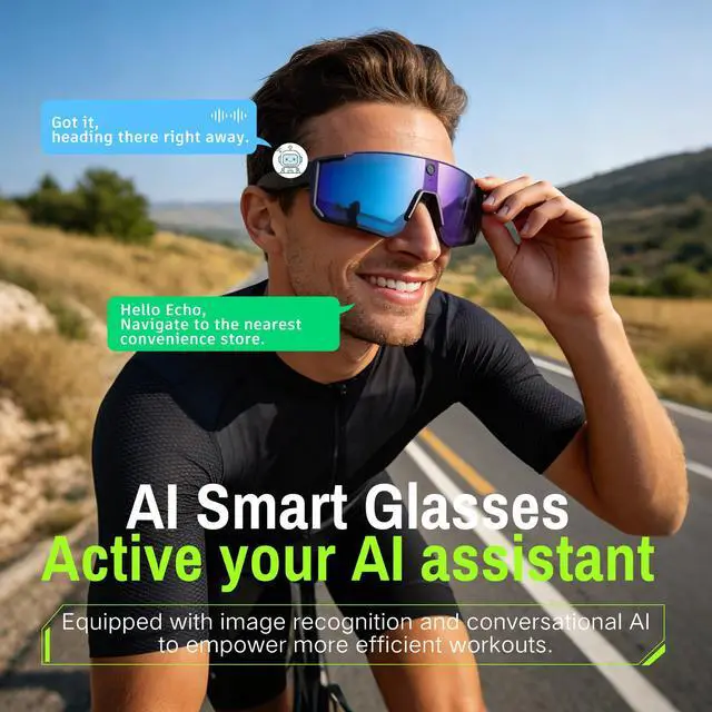 Alt view image 5 of 7 - AI Smart Glasses, Voice Control Sports Sunglasses, EIS Anti-Shake, IP54 Waterproof, Real-Time Translation, Open Ear Audio Cycling Glasses for Outdoor Hiking Surfing Running