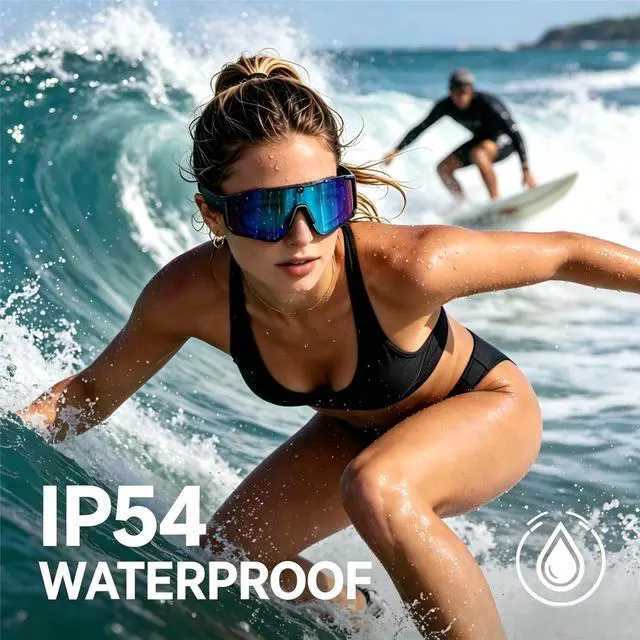 Alt view image 6 of 7 - AI Smart Glasses, Voice Control Sports Sunglasses, EIS Anti-Shake, IP54 Waterproof, Real-Time Translation, Open Ear Audio Cycling Glasses for Outdoor Hiking Surfing Running