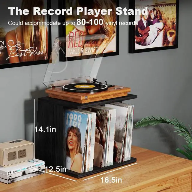 Alt view image 2 of 7 - Vinyl Record Storage, Record Player Stand Wall Mount Up to 80-100 Albums, 3-Compartment Vinyl Record Holder, Black