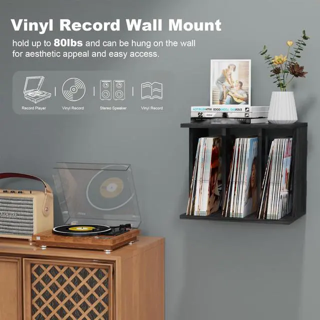 Alt view image 3 of 7 - Vinyl Record Storage, Record Player Stand Wall Mount Up to 80-100 Albums, 3-Compartment Vinyl Record Holder, Black