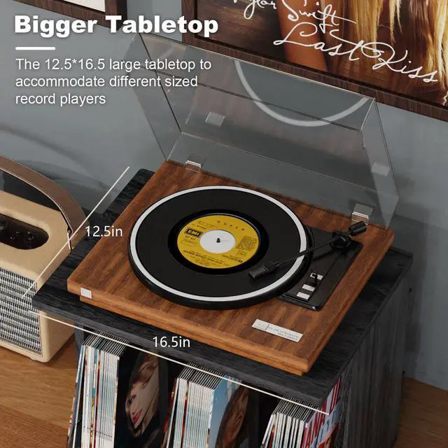 Alt view image 4 of 7 - Vinyl Record Storage, Record Player Stand Wall Mount Up to 80-100 Albums, 3-Compartment Vinyl Record Holder, Black