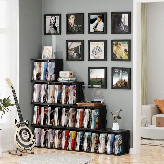 Alt view image 5 of 7 - Vinyl Record Storage, Record Player Stand Wall Mount Up to 80-100 Albums, 3-Compartment Vinyl Record Holder, Black