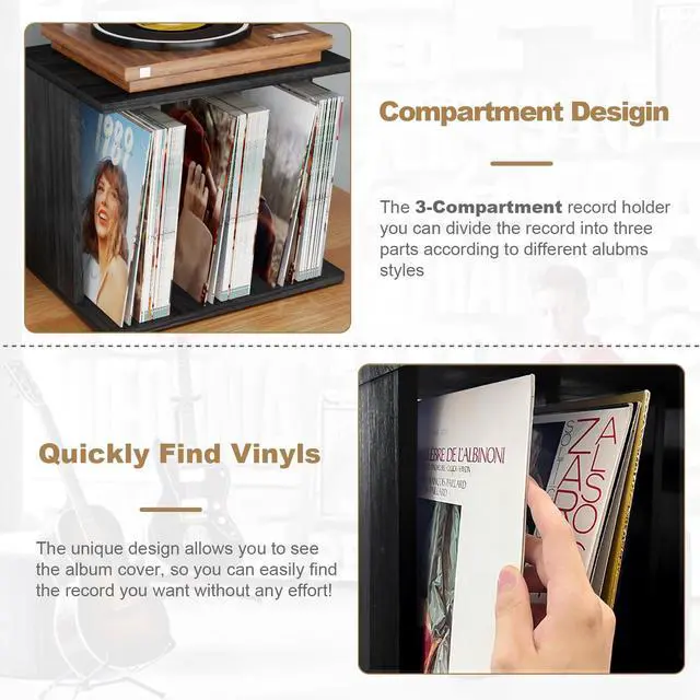Alt view image 6 of 7 - Vinyl Record Storage, Record Player Stand Wall Mount Up to 80-100 Albums, 3-Compartment Vinyl Record Holder, Black