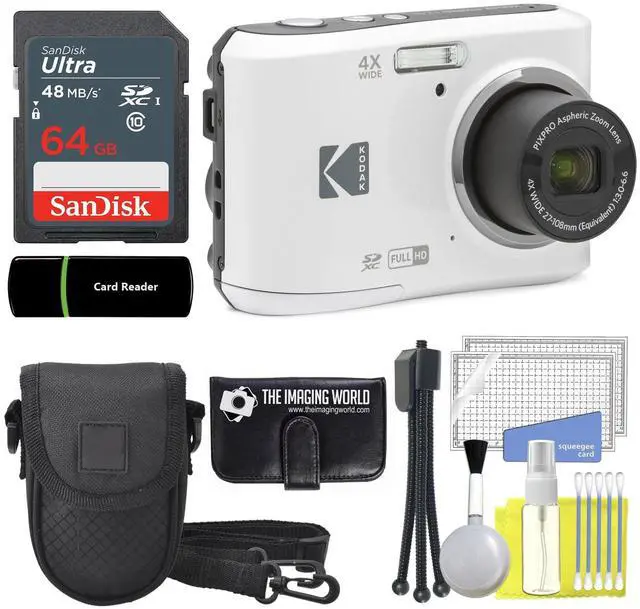Main image of Kodak PIXPRO FZ45 16MP Digital Camera 4X Optical Zoom 27mm Wide Angle 1080P Full HD Video 2.7" LCD Camera (White) + 64GB Card and Reader + Case + Memory Wallet + Tripod + Cleaning Bundle