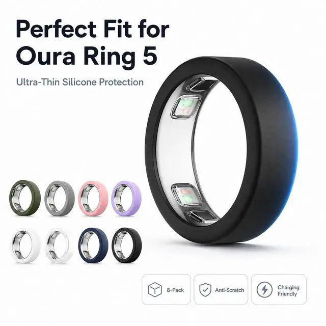 Alt view image 2 of 7 - 8 Pack Ring Cover Compatible with Oura Ring 5, Ultra-Thin Silicone Ring Protector Case, Soft Comfortable Anti-Scratch Ring Guard, Supports Charging with Cover On