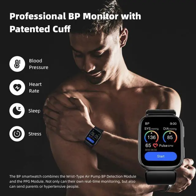 Alt view image 3 of 7 - Blood Pressure Smart Watch, 1.95'' Blood Pressure Smartwatch with Air Pump Cuff, Blood Pressure Sleep Monitor Sports Tracking for Android iOS Supports Data Sharing, Reminder Monitoring
