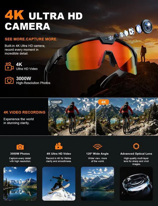 Alt view image 4 of 7 - AI Smart Glasses with 30MP Camera, 4K HD Video Sport Sunglasses | Bluetooth ChatGPT Voice Real-Time Translation, IP66 UV400 Sunglasses for Baseball, Cycling & Hiking Orange